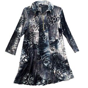 Calessa Burn Out Velvet Wire Collar Zip Neck 3/4 Sleeve Tunic Black Womens Small